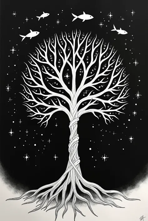 Dessin tribal monochrome Arbre de vie avec constellation poisson