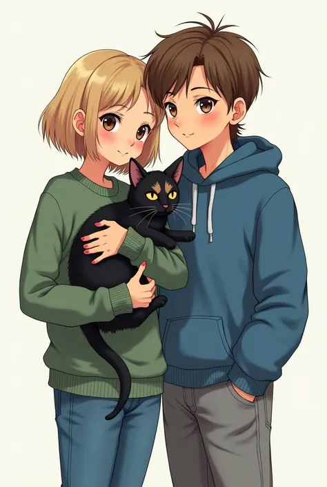  Drawing of a , the girl with the very short dark blond hair brown eyes i dressed in jeans i green sweater ,  the boy with mullet dark blond hair brown eyes i dressed in blue sweatshirt i gray jeans, In the arms of the girl a black cat with beige or brown ...