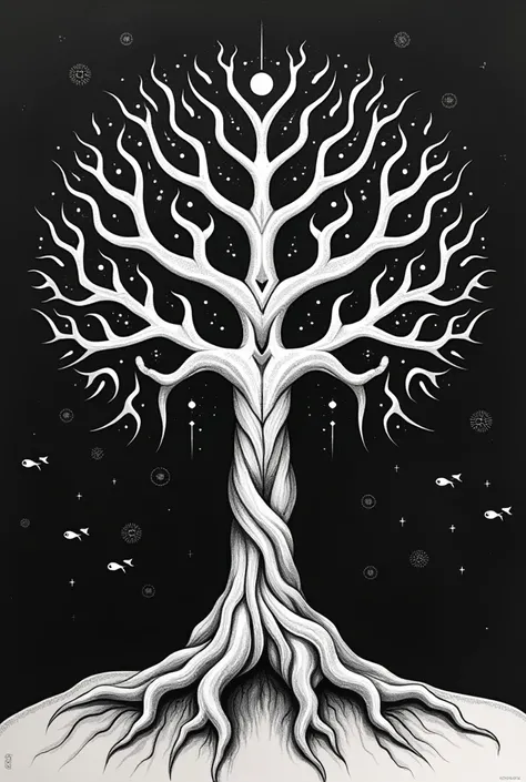 Dessin tribal monochrome Arbre de vie avec constellation poisson