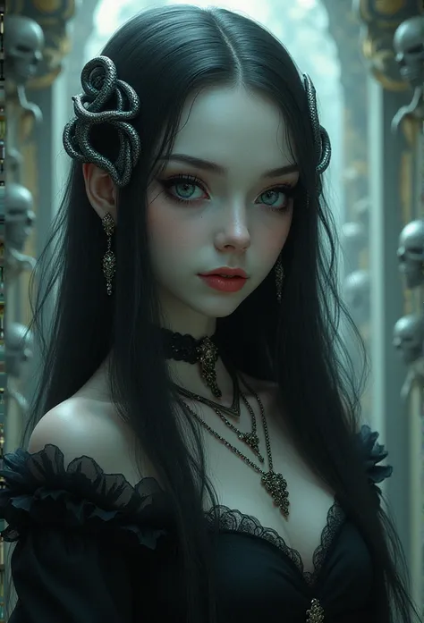  Gothic woman with a thin face with paintings of skeleton shadow skeleton long and short hair and the face of a diabolic Gothic woman, long hair with silver snake ornaments both looking forward heavenly eyes beautiful tall forehead. instead of the dark cit...