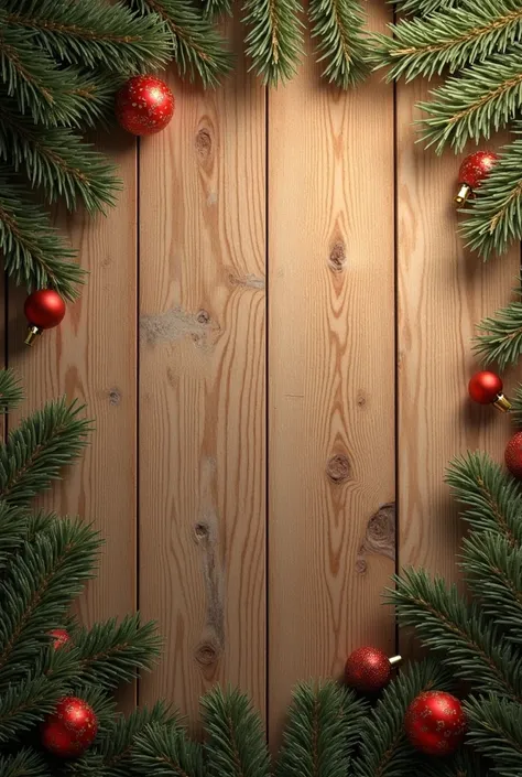 warm vintage wooden background with cypress leaves ,  other Christmas plants and ornaments peeking out in a corner