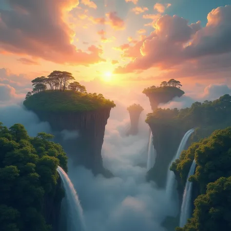 Surreal landscape featuring floating islands covered with lush greenery, cascading waterfalls pouring into a misty abyss, vibrant sunset sky with swirling clouds in warm tones, dreamy atmosphere, cinematic wide-angle, soft lighting, vibrant colors, etherea...