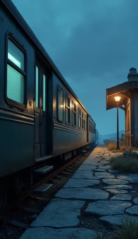 Disney Pixar style (The train has slowed at an empty, desolate station in the middle of nowhere. The doors remain tightly shut, with frost or condensation fogging the glass. Outside, the platform is cracked and overgrown with weeds, illuminated by a single...