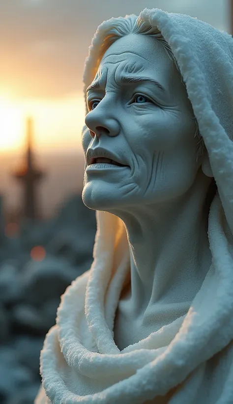 Close-up portrait of a salt statue ,  in the shape of a mature woman , What expression of fear ,  in the background of a city destroyed in ashes, sunrise.  Set in biblical times