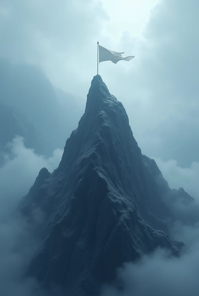 square image , mysterious 3d animation style,  in the foreground the summit of a mountain ,  at the top of the mountain flies a white flag