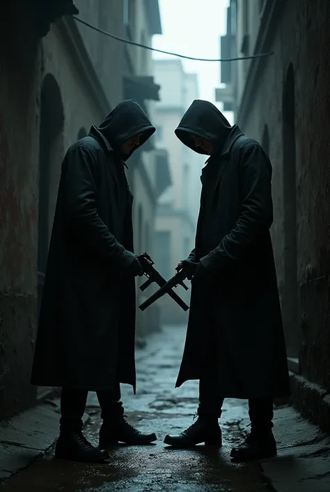  both drew their weapons .  Two men who were once friends faced each other in a dark alley ,  two men who were once friends, now enemies to the death . without showing their faces 
