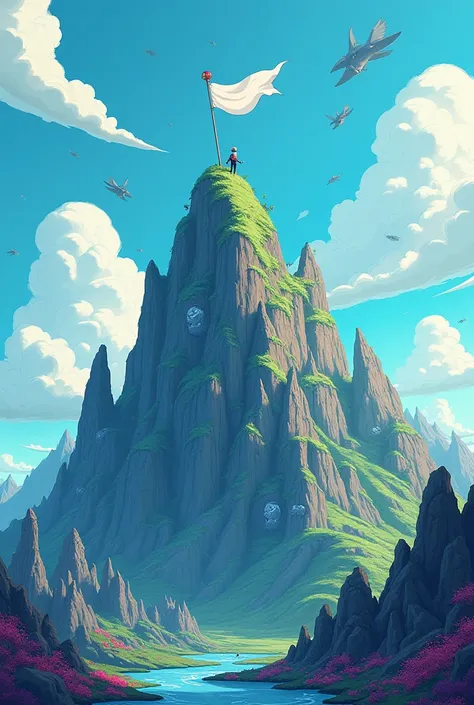 square image , In mysterious adventure time style,  in the foreground the summit of a mountain ,  at the top of the mountain flies a white flag