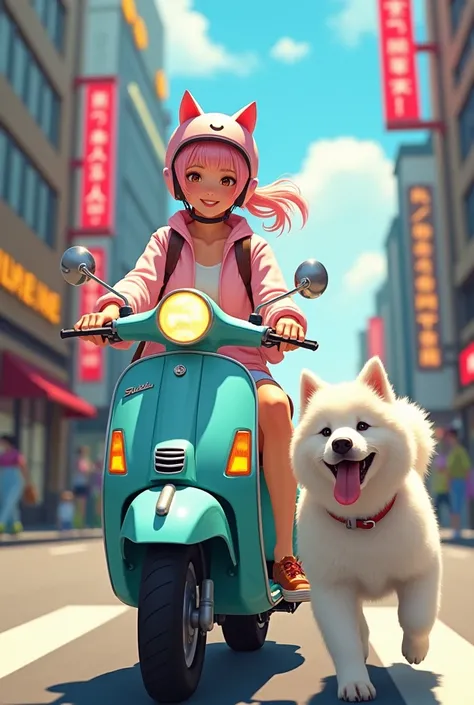 Japanese actress driving on a bike Vespa, a beautiful woman wearing a light pink ponytail and a cat ear helmet　 A cute white Samoyed dog is running next to her 