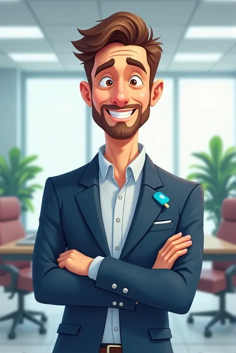 Image of a 39-year-old executive man with blue toothpicks in an office em pe de bracos cruzados sorrindo estilo personagem 