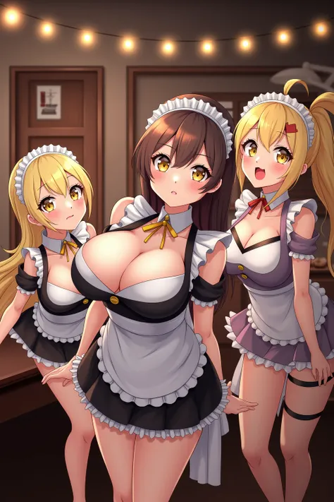 3girls, Large breasts, Scantily Clad, Anime, Maid Headdress, Makeup, Red Lips, Full Blush, Rape Face, New Years Decorations, Maid Cafe, Sexy Poses, Wide Shot, Pixar, High Resolution, Best Quality, High Details, Sparkle, Cinematic Lighting, Glowing Light, U...