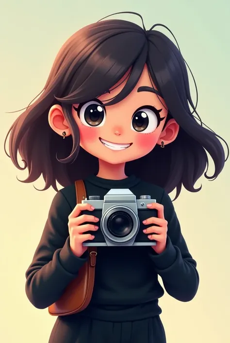 A short photographer with a smile on her face, chubby hair up to her shoulder, dark pixel-shaped, holding the camera in her hand in black clothes. 