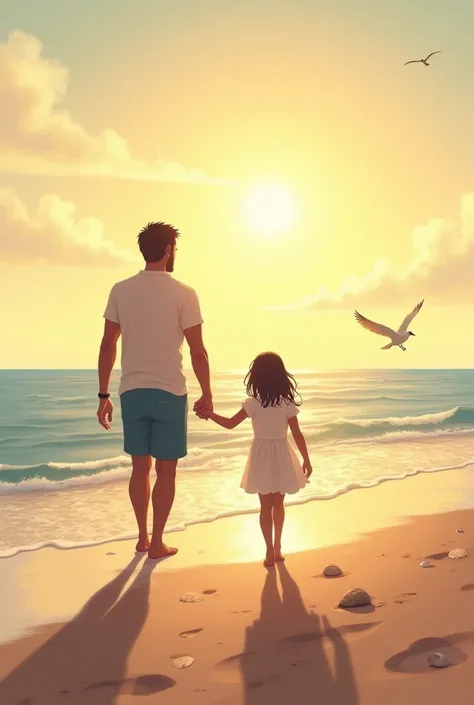 Sea outline , sun, playa,  the figure of a father and daughter walking on the beach