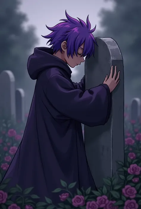 A purple-haired boy covered by a dark purple robe looked at his best friends funeral while hugging the tombstone 