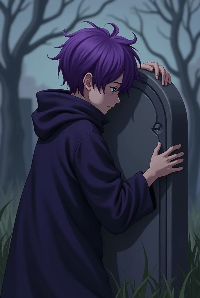 A purple-haired boy covered by a dark purple robe looked at his best friends funeral while hugging the tombstone 