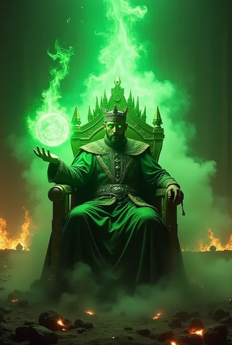 King in royal costume , aura of flames and green rays around him ,  sitting on his royal throne while he throws a sphere of green flames and summons smoke under him and his eyes turn green with his immeasurable power and behind him the terrain is destroyed...