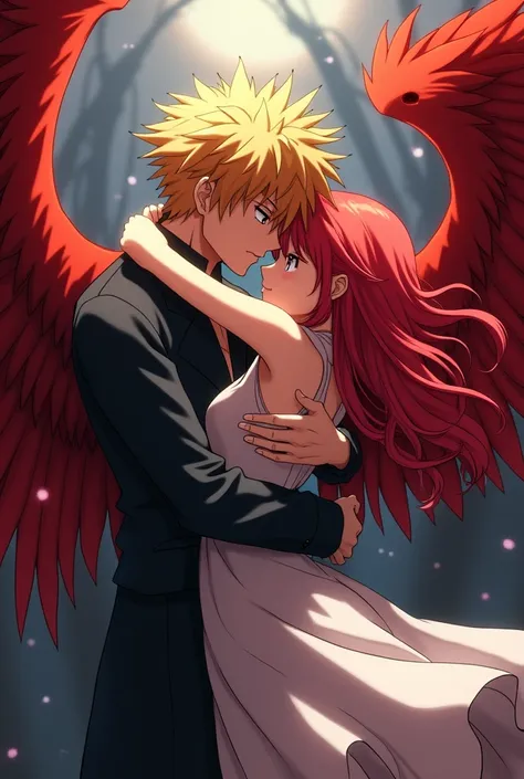 Bakugo katsuki blond hugging a girl with red hair with red wings 