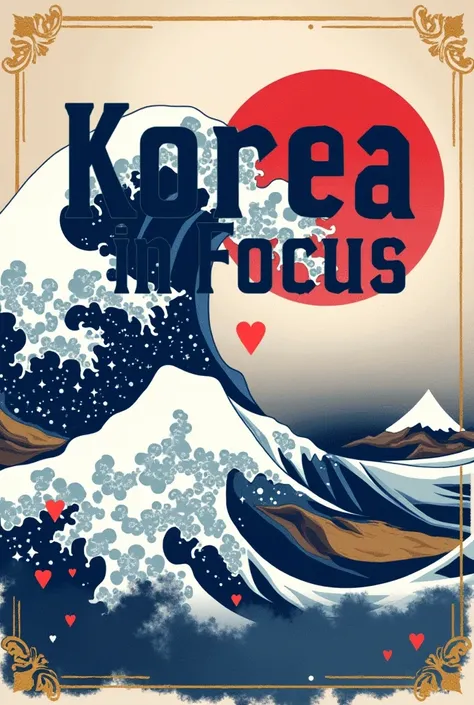  I want a Zap cover with a soft gradient background between the colors blue ,  red and white . And textures such as waves , include silhouettes of men in white .  Adicione elementos como corações e estrelas  em  red and white . Write the name Korea In Focu...