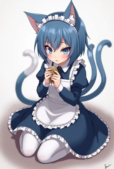 Anime, anthropomorphic cat girl, blue fur, maid dress,sucking cock, on knees, cum dripping out of mouth,