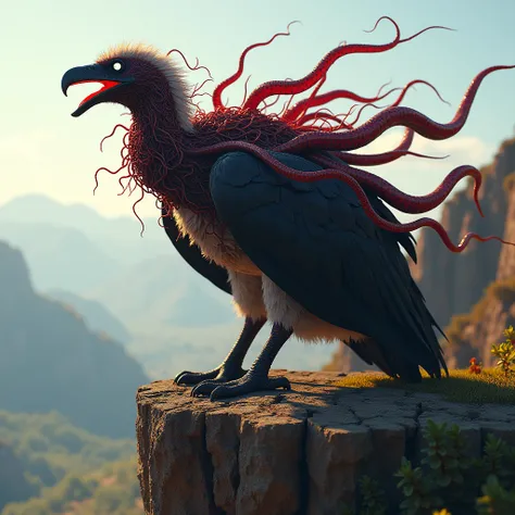  Create a king vulture possessed by the symbiosis Venom .  Make his entire body covered with the symbiosis, roaring in fury ,  sitting on a cliff on a sunny day  