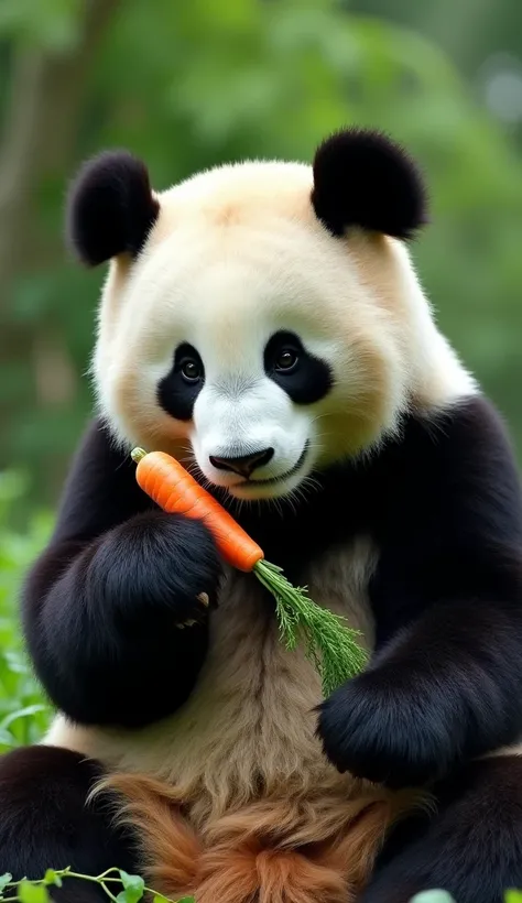 A photorealistic view of an adult giant panda sitting in a lush green forest, casually holding a bright orange carrot. The pandas thick fur is fluffy, with contrasting black and white patches that appear well-defined and textured. Its round face looks calm...