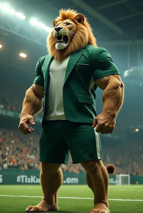  a full body photo,  Bottom view, of an anthropormophic lion ,  quite strong as a bodybuilder , with pig skin,  soccer stadium wearing a dark green and white suit and being badass.  Place a fund in a basketball center