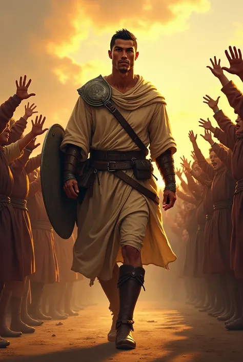 Returning to the Village

Cristiano Ronaldo walks into the village, his beige tunic and leather armor scorched but intact. He carries the mirror shield, now battered, and his face glows with pride and relief. Villagers cheer around him under a golden sunse...