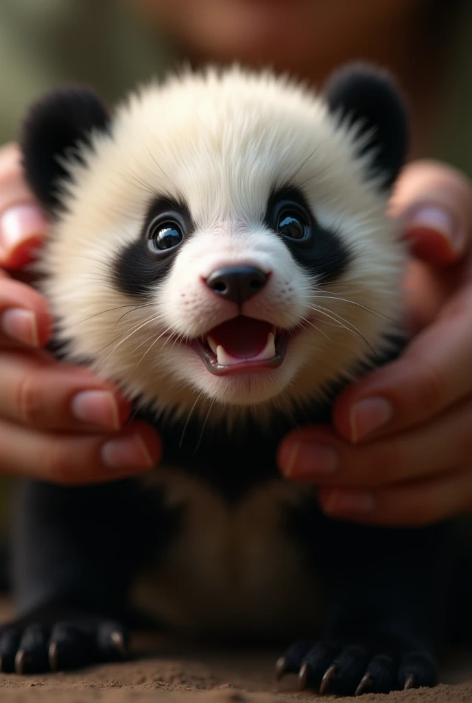 A photorealistic close-up of a baby panda looking upward with a playful and curious expression. Its fur is fluffy and soft, with clear white and black patches around its face. The panda’s mouth is slightly open as if caught mid-chirp or coo, and its big, s...