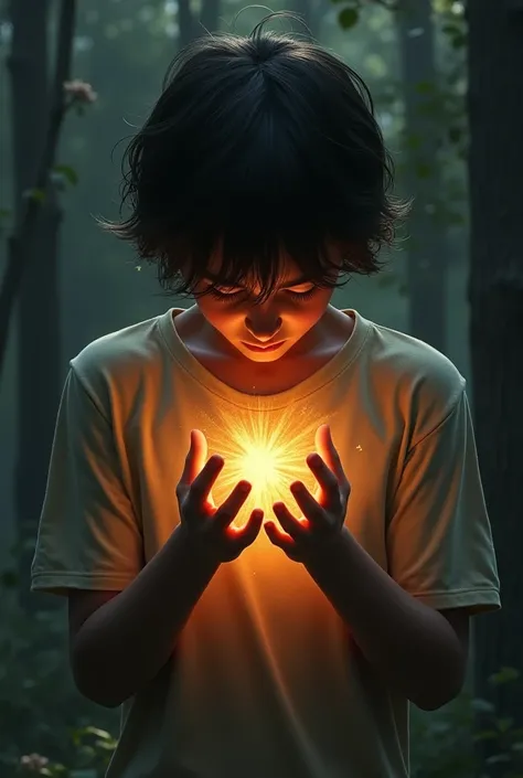 A youth crying in tears puts his hands on his eyes and his chest lit light 