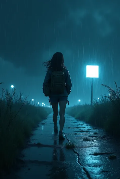 Teenager going through the storm with her backpack and hand in her pocket crossing a white sign at night
