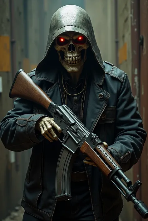 Vic rattlehead (megadeth) holding an ak47