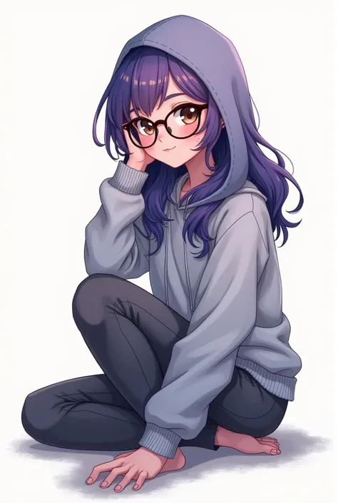 Make a realistic drawing of a teenage girl who measures 1, 53 m with medium-long Lazio hair dyed in a mix of purple and blue(in a slightly dark shade ),  that occupies a hooded sweater ,  long pants and glasses , that has brown eyes ,  who is sitting on th...