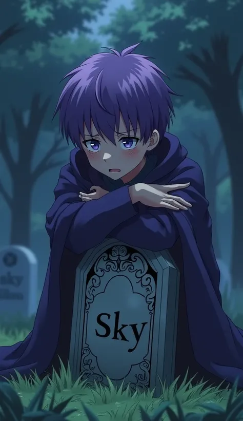 A purple-haired boy with a tearful expression covering his dark purple robe stares at his best friends grave while hugging a tombstone. And the tombstone is named Sky anime version