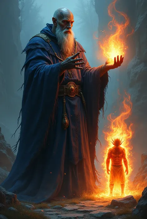 This is a dark fantasy world full of magic and magical creatures. An evil warlock in dark blue robes and with tattoos all over his face summons a fire elemental to serve him.