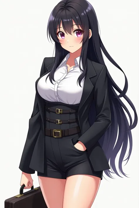  She anime-style a lawyer dressed in little clothes and a briefcase in one of her hands. Who has long black hair ,  large breasts and that are visible .  In addition to a curvaceous body with a big butt . 