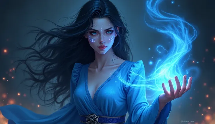 Fantasy-themed digital artwork featuring a young Mage woman with long, wavy dark hair and light skin. fantasy dress. Her face is adorned with glowing blue, flash-like patterns, and she has intense, focused eyes. She is surrounded by swirling blue magical e...