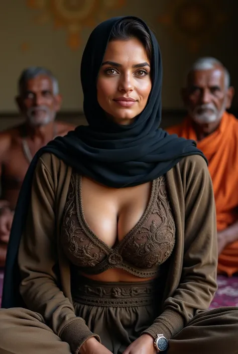 A Mature Muslim woman, with big tits wearing see through bra, Deep cleavage, hijab, sitting on lap of an old hindu pandit, nsfw