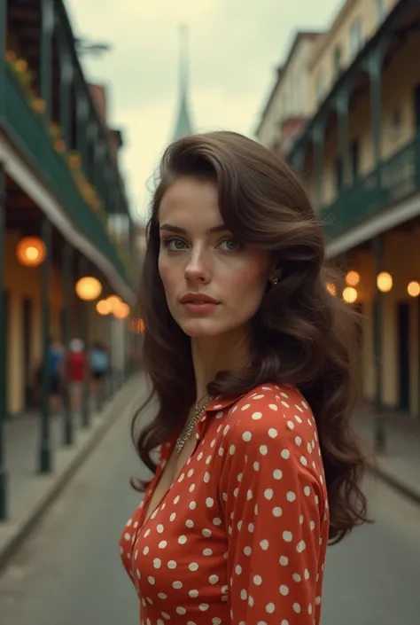 girl in New Orleans 1950 dark eyes wavy brown hair  She would walk around historic French Quarter ,  easily swirling to the sound of street musicians .
 She would spend her evenings on ,  dance floors where rock and roll mixes with jazz and blues .
 Her st...