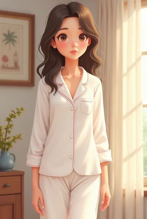 I want a realistic cartoon picture of a twenty-year-old girl wearing a white house pajamas in white