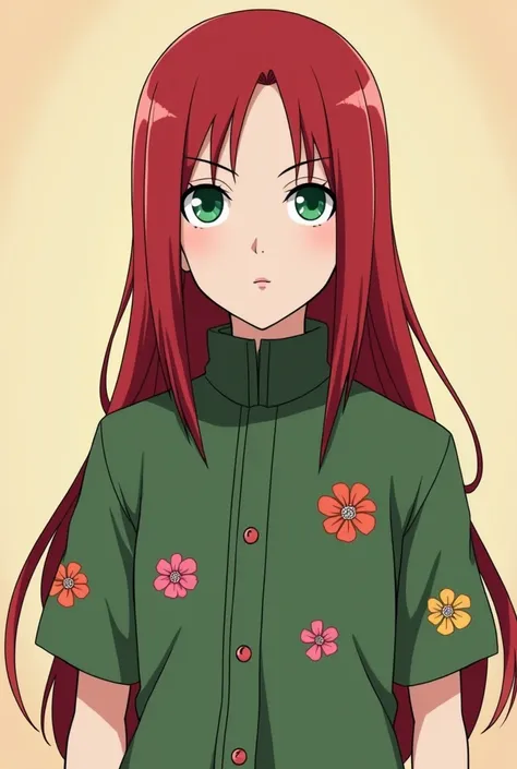  himself Create an original character in the cartoon style of the Naruto anime, but other than Naruto . A ninja with long red hair ,  wearing a green shirt with several printed flowers, He must have green eyes , And red lipstick 