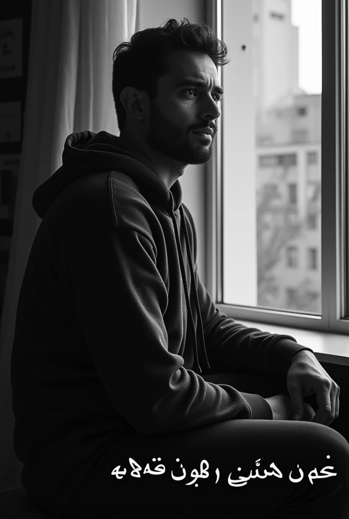 . A man sits near a window, looking outside with an expression that looks sad or deeply thinking.  in black and white, giving it a dramatic character . . The man wears a hoodie. The background of the picture contains a window illuminated by natural light ....