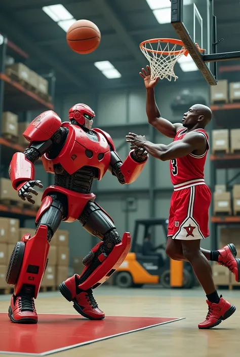 Transformer robots are playing basketball against Michael Jordan, use shoes Nike air Jordan, and doing a slamdunk, playing in the warehouse area of ​​the NIKE shoe factory, behind which there is a forklift.
