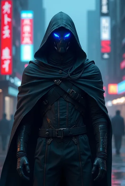 ‘male character, hooded, cyberpunk. neon blue, mask