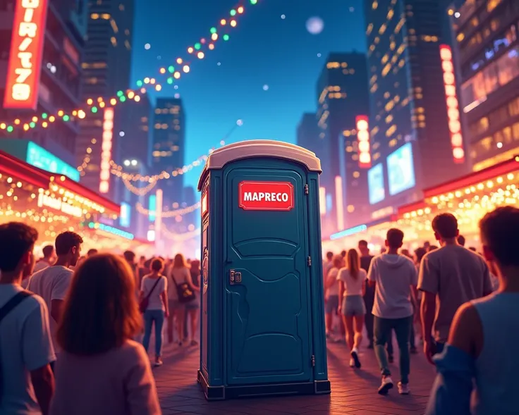 CREATE AN IMAGE LOOKING FORWARD TO A HAPPY NEW YEAR ADD A PORTABLE TOILET SOMEWHERE WITH THE WORD MAPRECO IN LETTERS RED AND WHITE