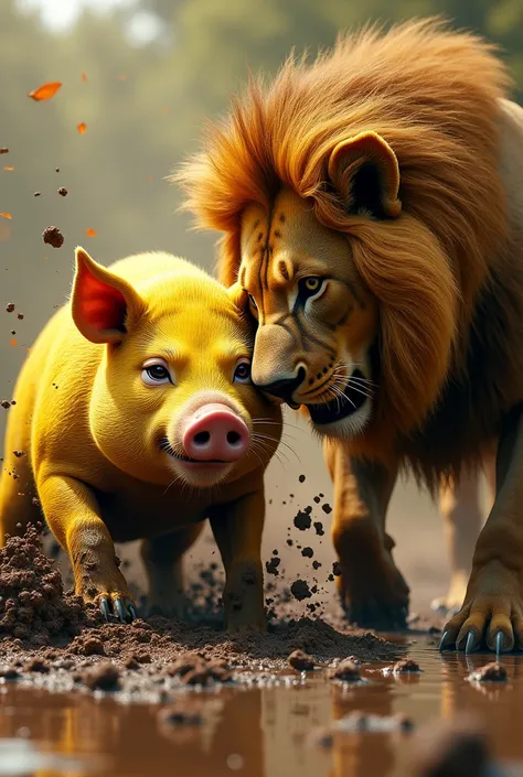 Un cochon jaune se bat dans la boue pendant que le lion le regarde   