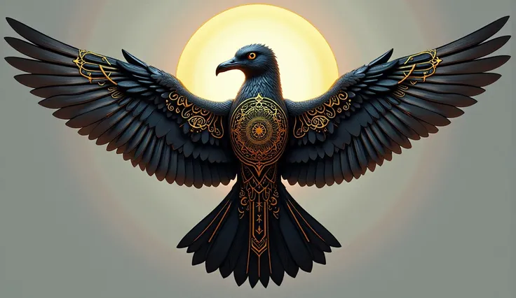 Create me a black golden seagull with mandala tribal tattoo with the logo of Q.Roshmi und Aethy