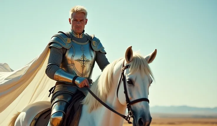 A tall man in his mid-30s, of Caucasian descent with platinum blonde hair and piercing blue eyes, rides a magnificent white horse. He is clad in shining armor, with intricate golden details and a flowing white cape. His face is stern, with a commanding exp...