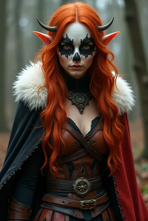 An elf druid  ,  mulatto skin brown eyes and red hair,  skull mask she wears leather armor with inserts of white fur and a red and black cape , And how does a ,  plus is a warlock with an infernal patron 