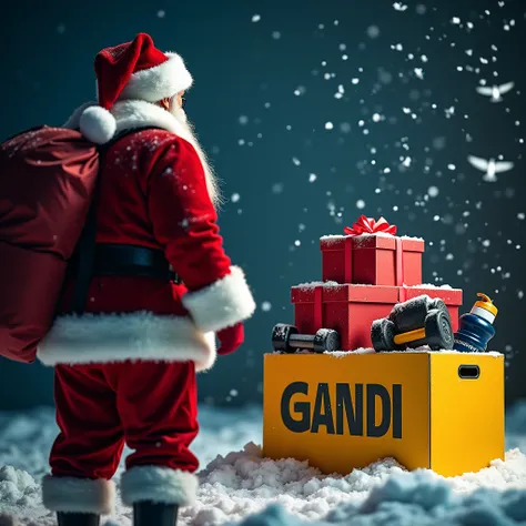 In the image, Santa Claus is seen from behind with only half of his upper body visible, wearing his traditional red costume and white hat. The background includes a dark blue sky with heavy snowfall and birds flying. The theme is yellow with Santa carrying...