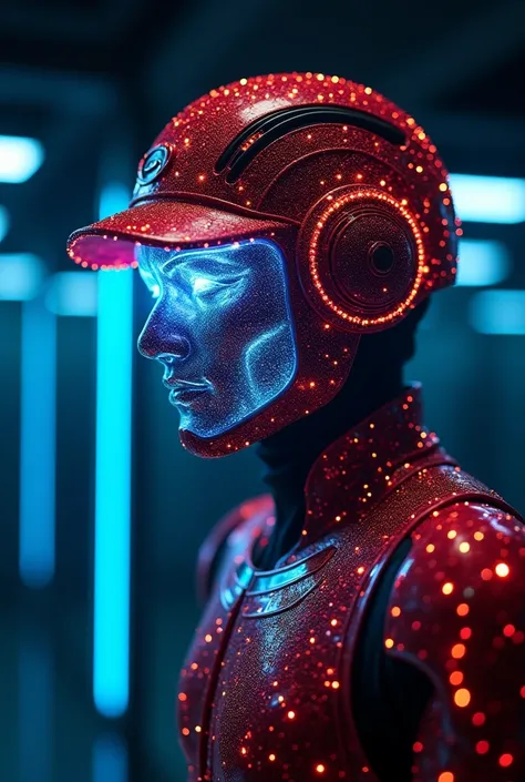  hat glowing hair .  shine real film . glass room.  glass box .  iron person . Off light .  all lights .  all colors . ritter. Maske.  armor . Science.   technologies .  digital displays . future. Glitter. hologram.  holographic light projection.