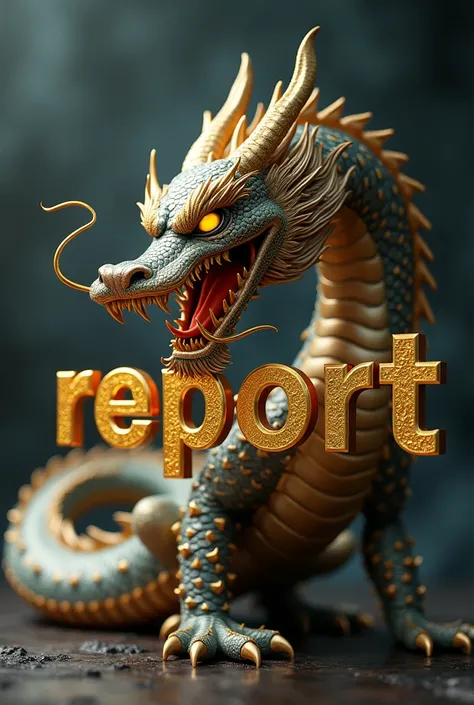 Chinese Dragon swallowing 3D Logo of the Reall Big 3D Gold  Text "REPORT" , spelling should be correct 